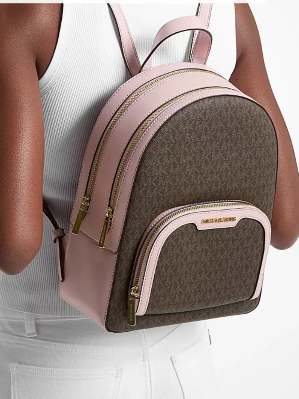 Michael Kors Jaycee Medium Zip Pocket Logo Backpack Powder Blush NWT